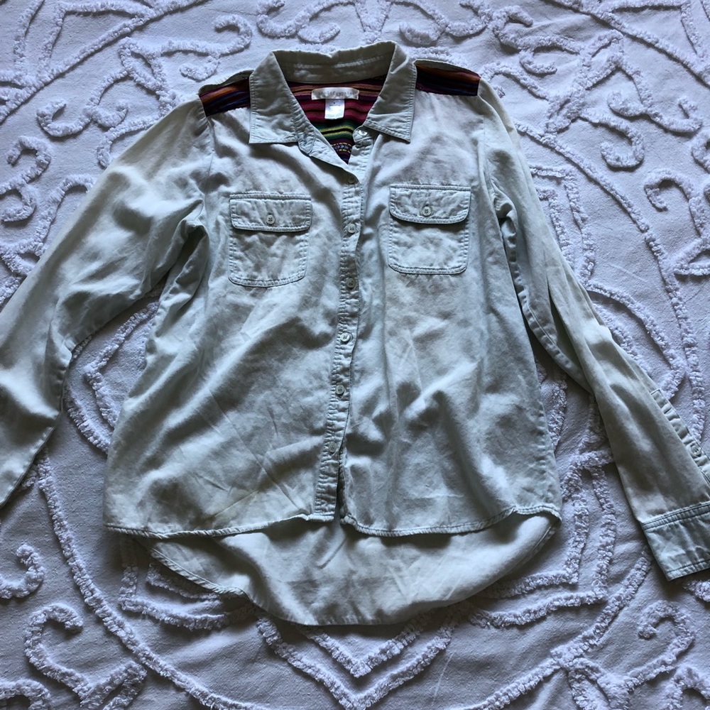 Denim Button Down Shirt With Patterned Upper Back - image 1